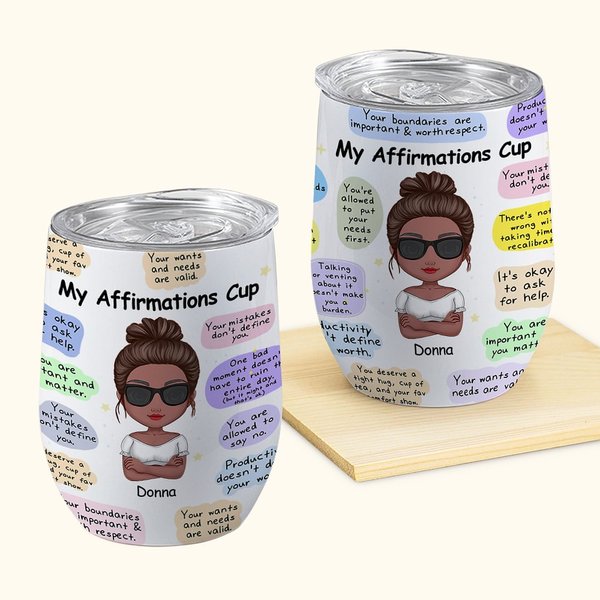 Personalisierte meine positive Affirmationen tägliche Erinnerungen niedlich isoliert Weinbecher mit Deckel 12oz für Frauen ihre besten Freunde für hei