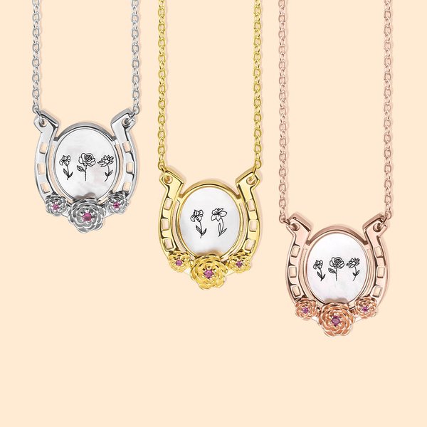 Brass Horseshoe Birth Flower Necklace Embossed Gift