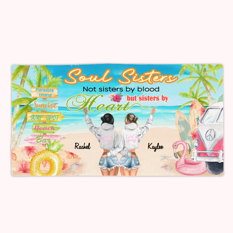 Serviette de plage personnalisée Vacances d'été Âmes sœurs Pas sœurs de sang mais sœurs de cœur Cadeau d'amitié Absorption de l'eau et séchage rapide