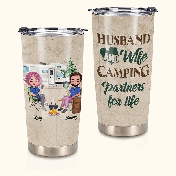 Personalizzato Camping Partners Marito e moglie 20 oz Tumbler per bevande calde e fredde Uso quotidiano Regalo di compleanno Grande regalo per la fida