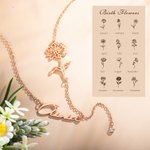 Collier Personnalisé avec Pierre de Naissance Nom et Fleur Cadeau d'Anniversaire Fête des Mères pour Mère Femme