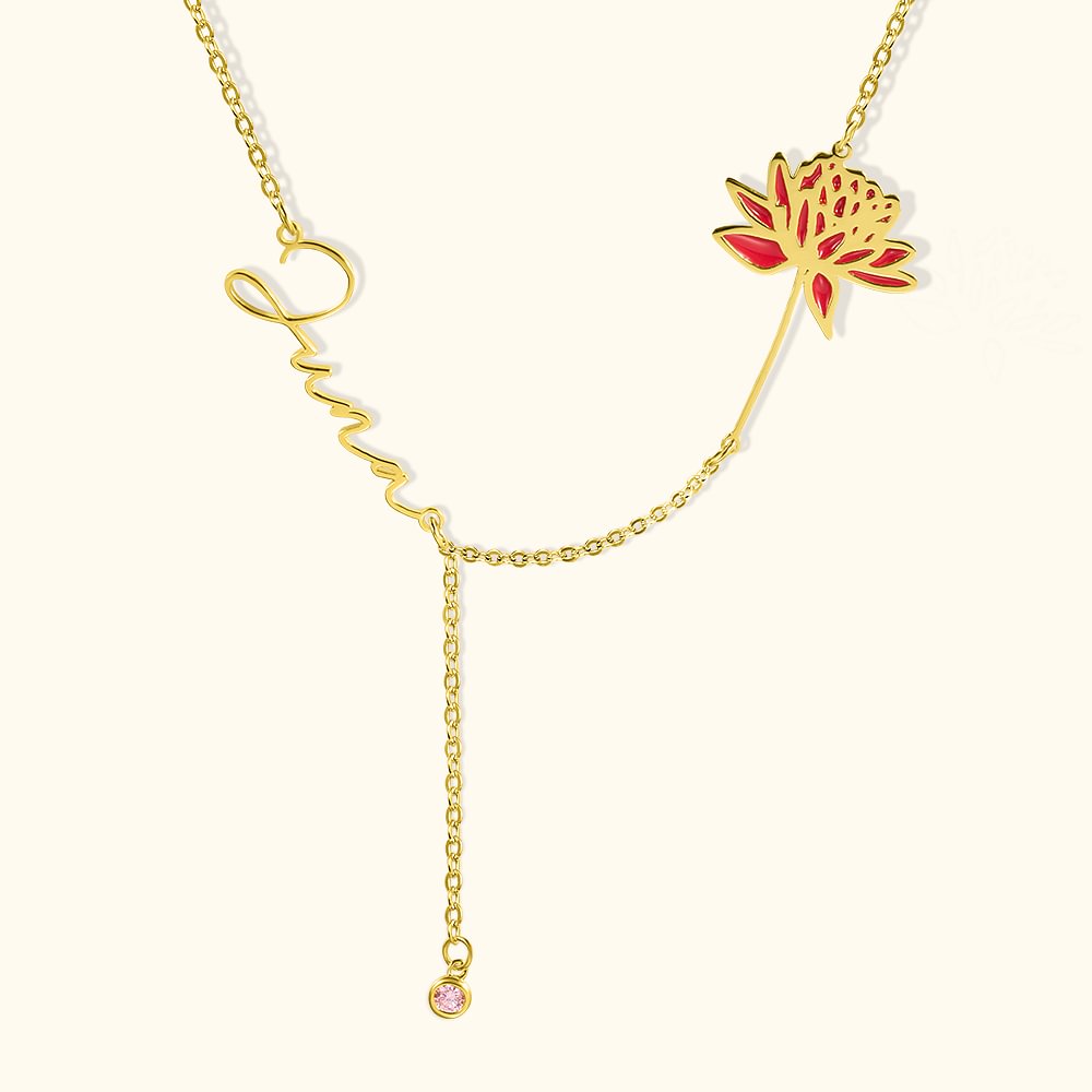 Collier Personnalisé avec Pierre de Naissance Nom et Fleur Cadeau d'Anniversaire Fête des Mères pour Mère Femme
