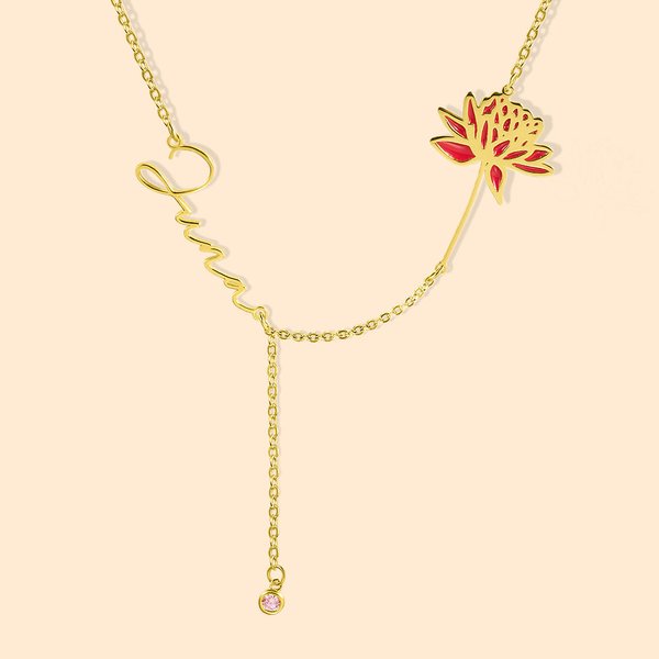 Collier Personnalisé avec Pierre de Naissance Nom et Fleur Cadeau d'Anniversaire Fête des Mères pour Mère Femme