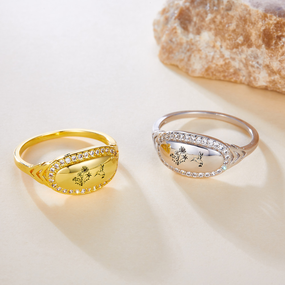 Personalised Birthflower Ring | Gold Adjustable Engraved Jewellery &ndash