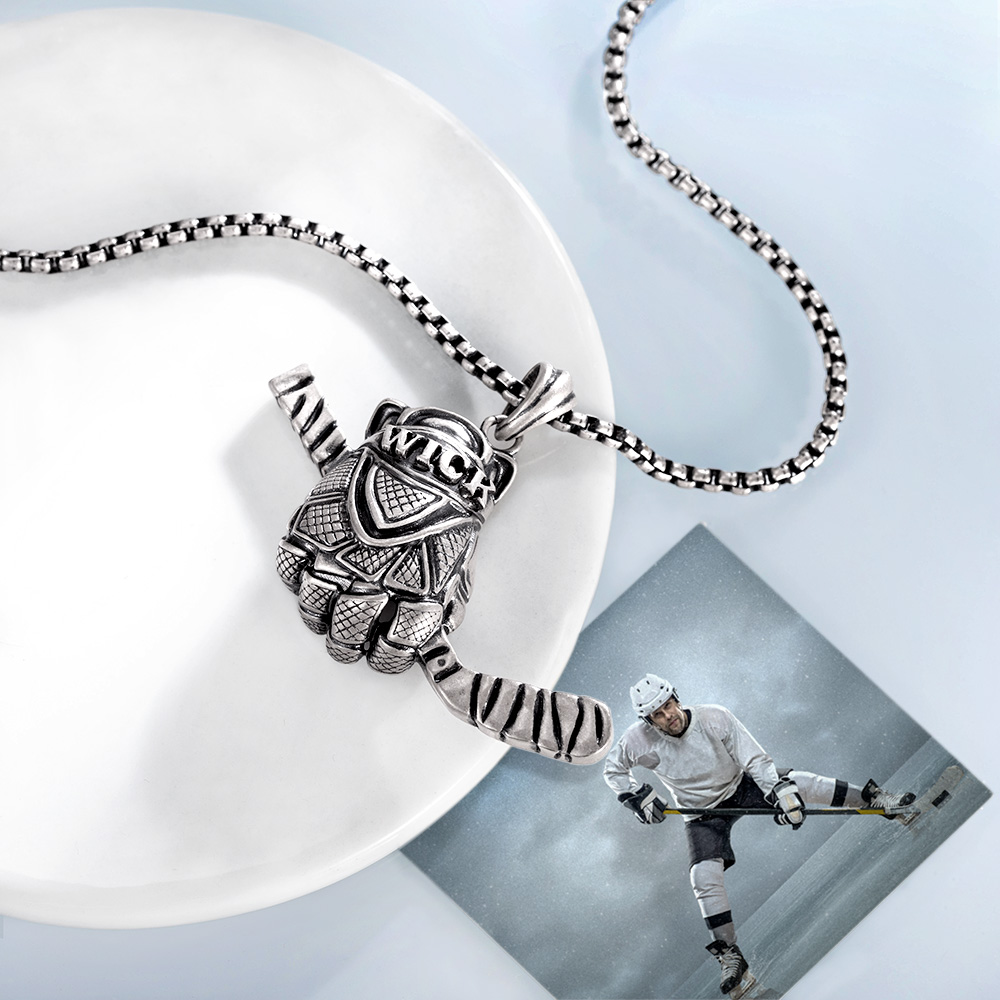 Collier Gravé avec Prénom Personnalisé Pendentif Gant de Hockey sur Glace Cadeau d'Anniversaire pour Amoureux du Sport Joueur de Hockey