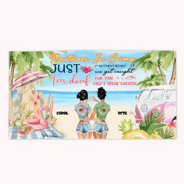 Spersonalizowany ręcznik plażowy dla partnerów w zbrodni - pamiętaj, jeśli zostaniemy złapani, jestem głuchy, a ty nie mówisz po angielsku.