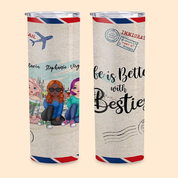 Vaso personalizado Life Is Better With Besties Air Mail Travel with Sisters Straight Skinny Tumbler Regalo para hermana