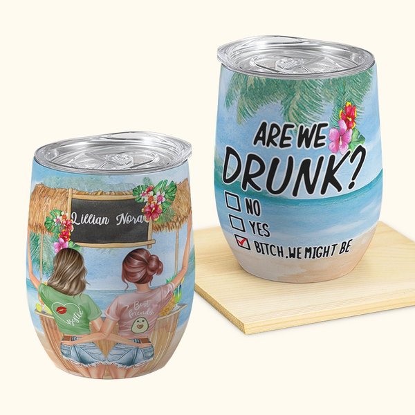 Vaso de Vino Personalizado Are We Drunk Tiki Bar 12oz con Tapa Antiderrame Aislado al Vacío Regalo de Amistad