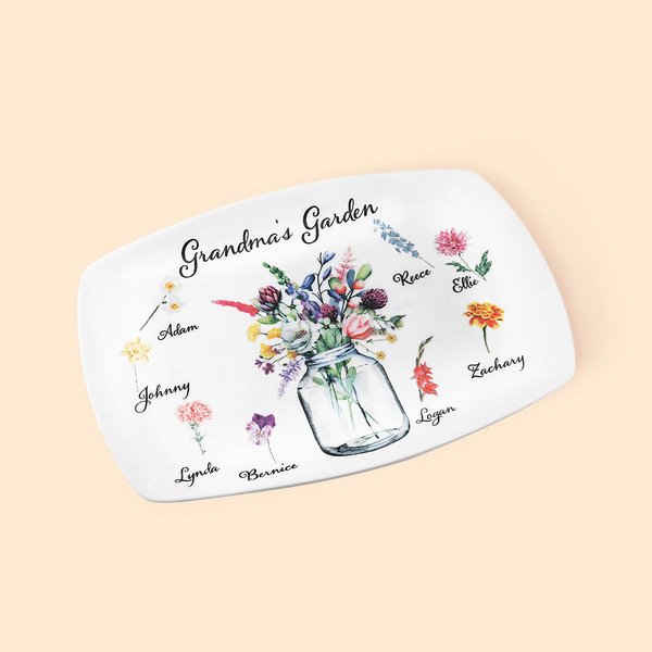 Piatto floreale personalizzato del mese di nascita con i nomi dei nipoti Regalo per la festa della mamma e del ringraziamento per la nonna madre