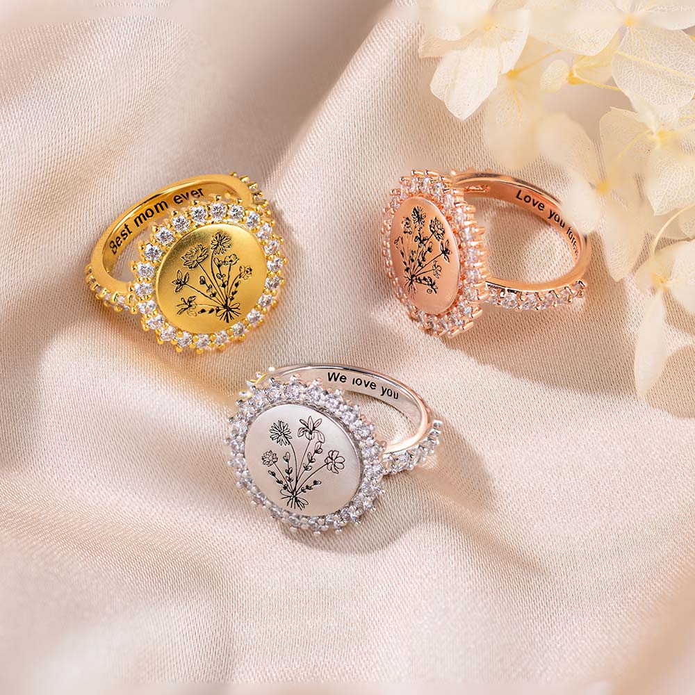 Bague personnalisée avec nom gravé en Zircons Bouquet de fleurs de naissance Bijoux pour femme Cadeau d'anniversaire pour maman grand-mère