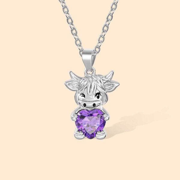 Collana personalizzata in argento Sterling di mucca Highland con pietra di nascita del cuore Regalo per la festa della mamma, compleanno e anniversario per gli amanti delle mucche Highland
