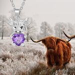 Collana personalizzata in argento Sterling di mucca Highland con pietra di nascita del cuore Regalo per la festa della mamma, compleanno e anniversario per gli amanti delle mucche Highland