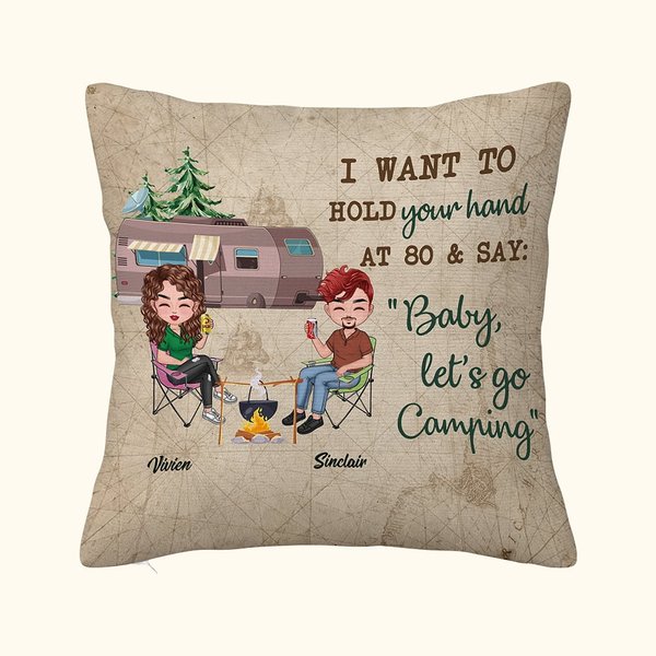 Personalisierte Ich will deine Hand bei 80 halten und sagen, Baby Let's Go Camping Throw Kissen Abdeckung Jahrestag Geburtstag Geschenk für Camping Paar Sofa Dekor