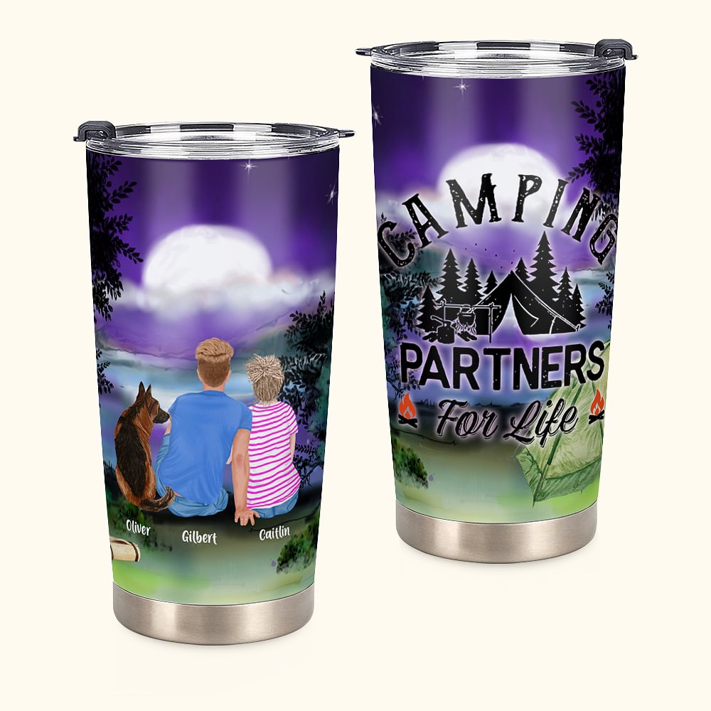 Camping Personnalisé Partenaires Famille avec Animaux Tumbler 20oz pour boissons chaudes et froides Cadeau d'Anniversaire
