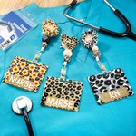 Personalized Sunflower Leopard Glitter Fashional Beaded Retractable Badge Reel And Buddy Gift for Medical Staff
