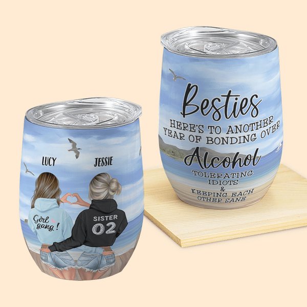 Vaso de Vino Reutilizable con Tapa y Pajita Personalizado Besties Here's To Another Year Of Bonding Over Alcohol Regalo de Cumpleaños Regalo de Amista