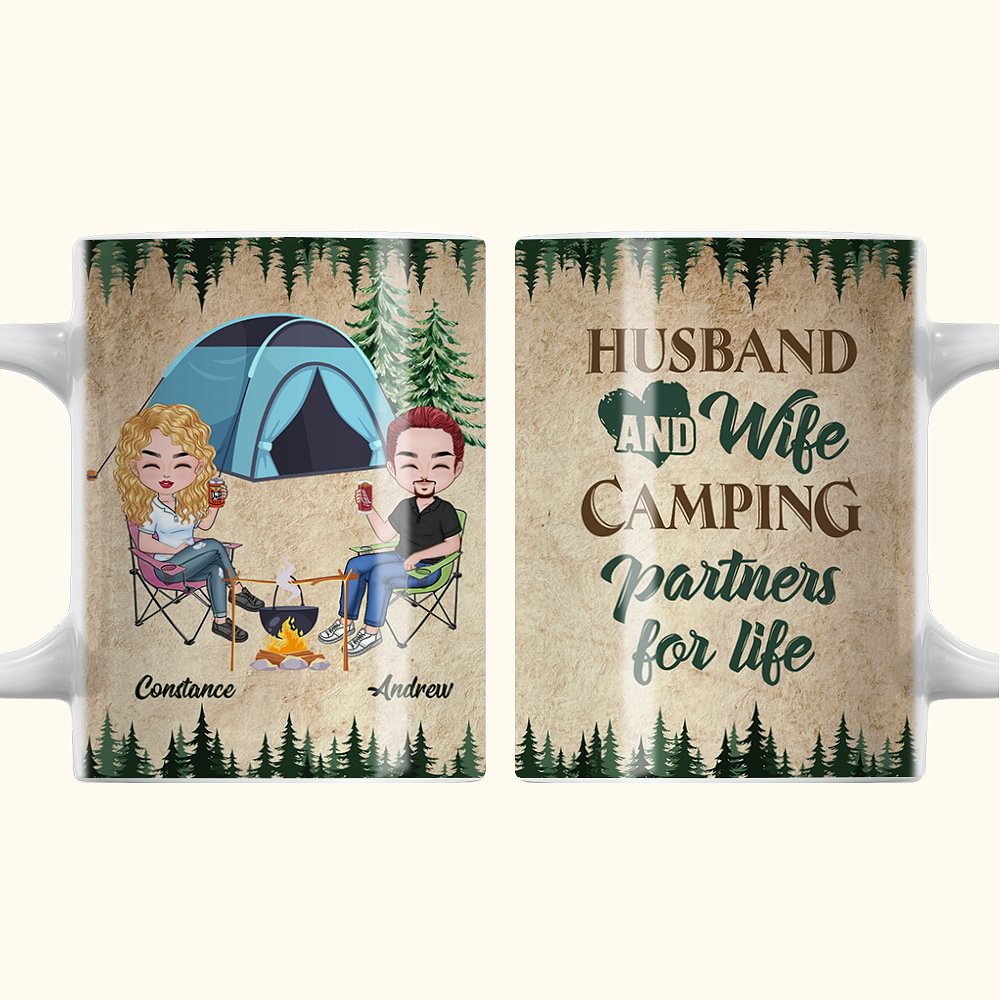 Tasse en céramique blanche personnalisée pour mari et femme, partenaires de camping pour la vie, poignée de type C pour couple, cadeau de camping