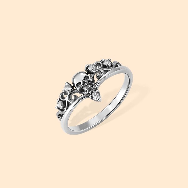 Anello gotico personalizzato con scheletro teschio e pietra di nascita Regalo di nozze di Halloween per la sua sorella sposa