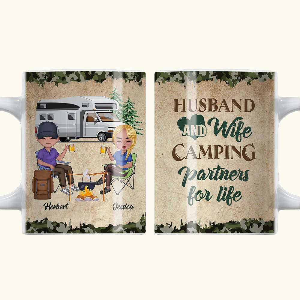 Tasse en céramique blanche personnalisée pour mari et femme, partenaires de camping pour la vie, la forêt et l'aventure Cadeau pour les passionnés de