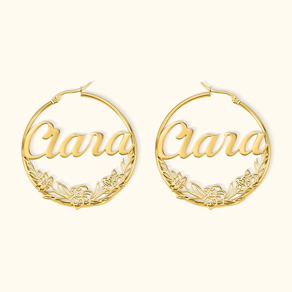 Boucles d'Oreilles Personnalisées avec Nom et Couronne Fleurs de Naissance Cadeau Anniversaire Fête Mariage pour Femme
