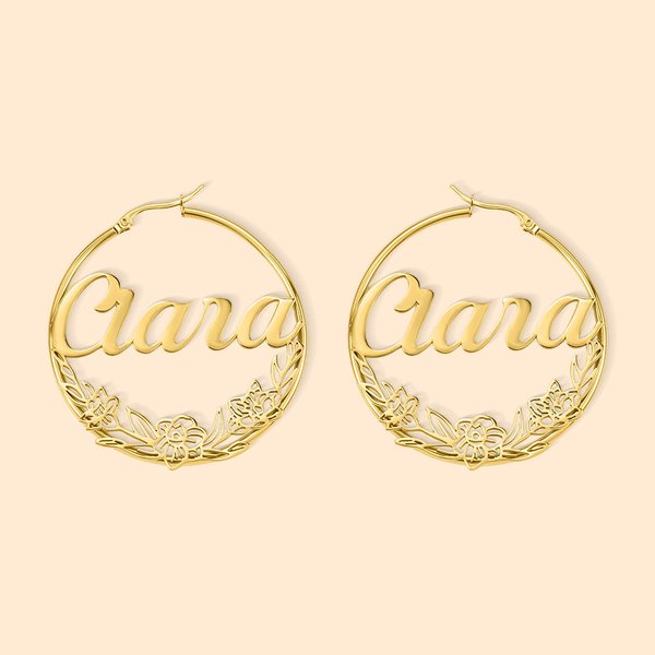Birth Flower Wreath Hoop Earrings with Name