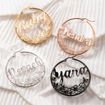 Personalised Birth Flower Wreath Large Hoop Earrings with Name Birthday Bridal Party Gift for Her