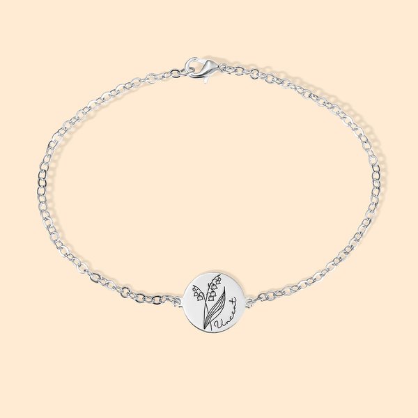 Bracelet de fleurs de naissance en argent sterling personnalisé avec nom gravé Cadeau pour sa femme, sa mère, sa grand-mère et sa petite amie
