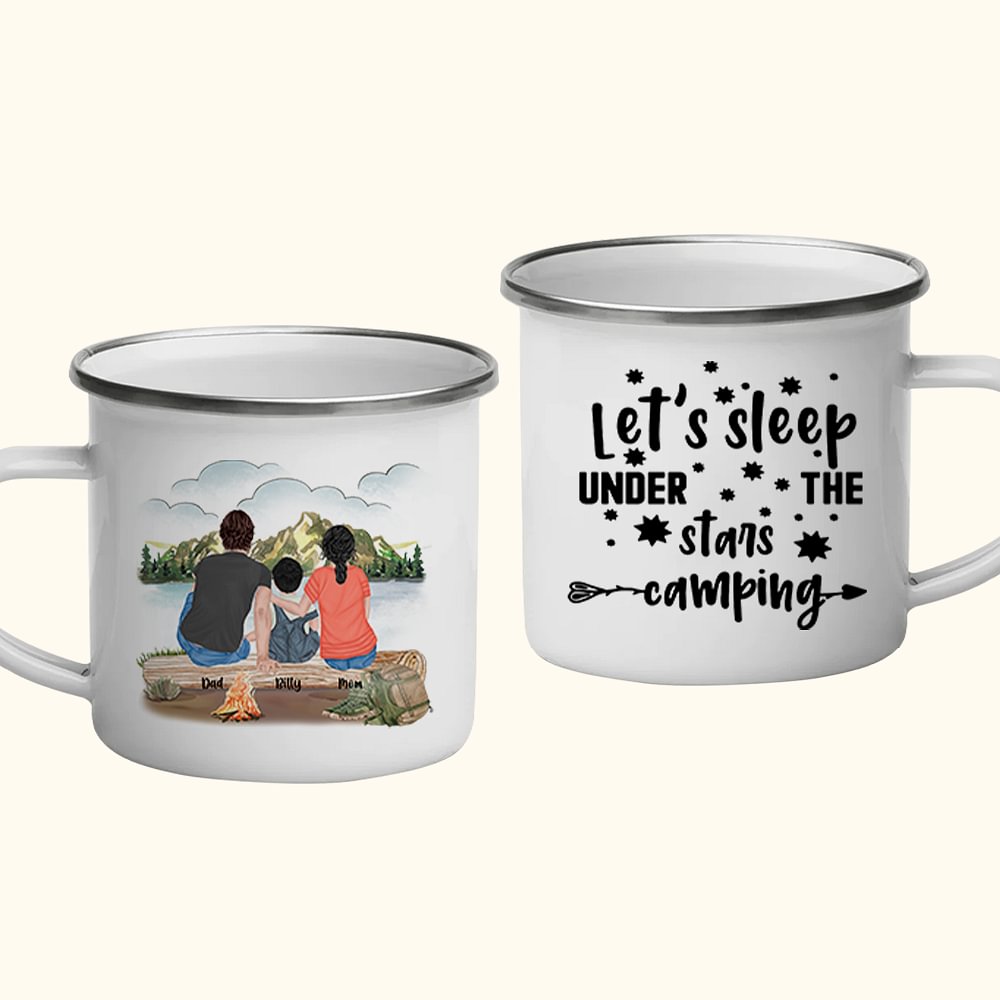 Tasse en émail personnalisée Let's Sleep Under The Stars Camping Family pour le camping, le pique-nique, le bureau et la maison Cadeau d'anniversaire
