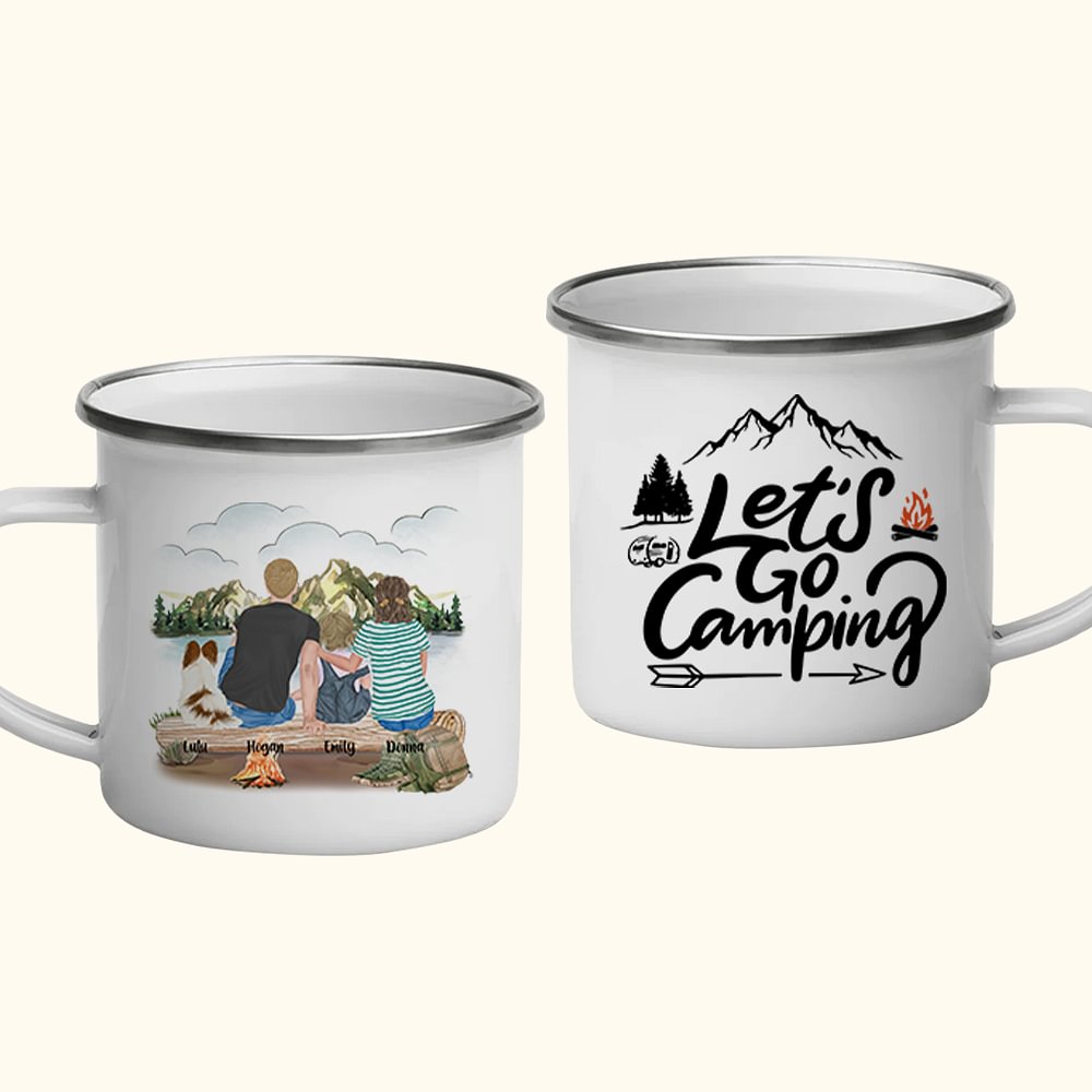 Tasse en émail personnalisée Let's Go Camping Tasse à thé de camping avec poignée Liquides chauds ou froids pour réunion de famille Fête Camping Pique