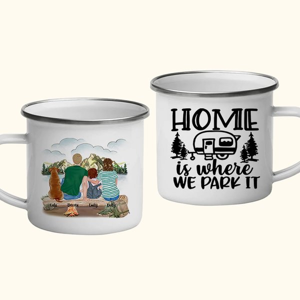 Taza de café esmaltada personalizada Home Is Where We Park It Taza de café esmaltada blanca Ligera Portátil Fácil de Limpiar para Desayunar en Casa Be
