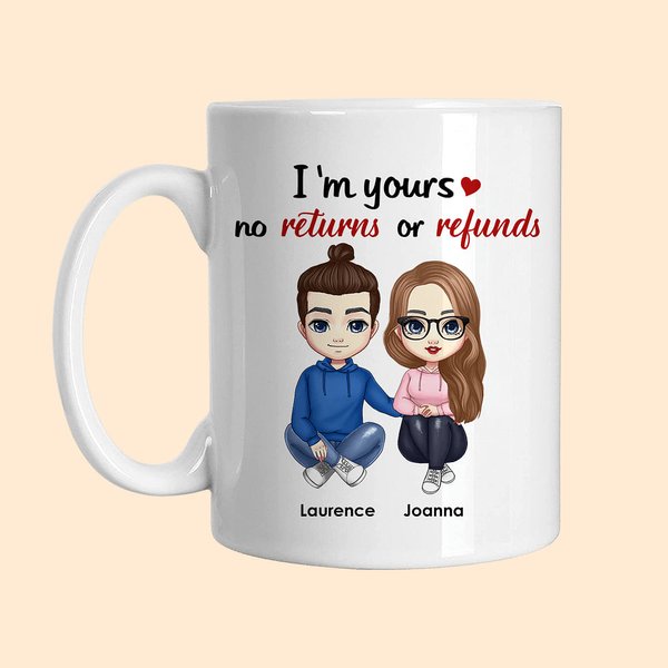 Personlig I'm Yours No Returns or Refunds Hvit og farge innvendig keramisk krus Bursdagsgave til ektemann kone par