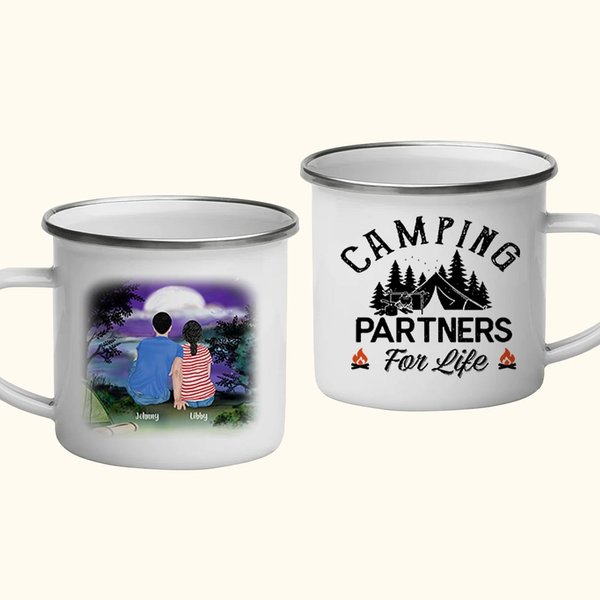 Gepersonaliseerde Camping Partners For Life 11oz Familie Camping Emaille mok voor buiten en binnen Kerstmis Gift Thanksgiving Gift Verjaardag Gift