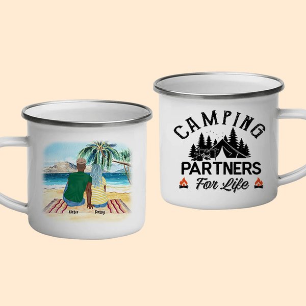 Taza esmaltada personalizada Camping Partners For Life Beach Camping Family Regalo de aniversario duradero Regalo de San Valentín