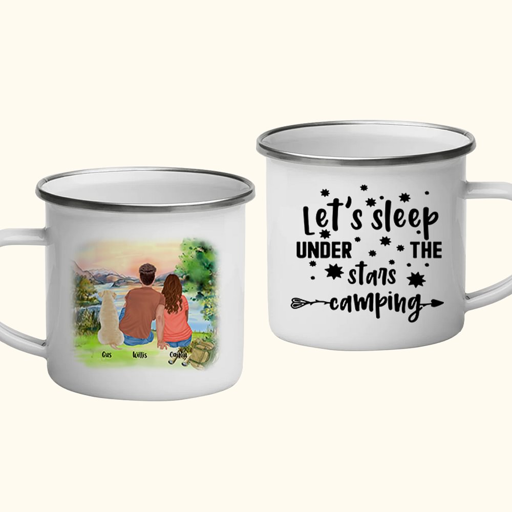 Personalizzato Dormiamo sotto le stelle Campeggio Tazza smaltata bianca per la casa Colazione Bere Anniversario Regalo di compleanno