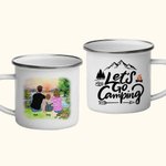 Taza de camping familiar esmaltada personalizada Let's Go Camping Sunrise 11oz para sopa, té, café y chocolate caliente Regalo de San Valentín