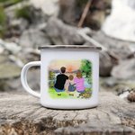 Taza de camping familiar esmaltada personalizada Let's Go Camping Sunrise 11oz para sopa, té, café y chocolate caliente Regalo de San Valentín