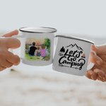 Taza de camping familiar esmaltada personalizada Let's Go Camping Sunrise 11oz para sopa, té, café y chocolate caliente Regalo de San Valentín
