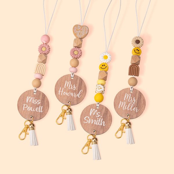 Boho Daisy Smiley Face Rainbow Beaded Teacher Lanyard