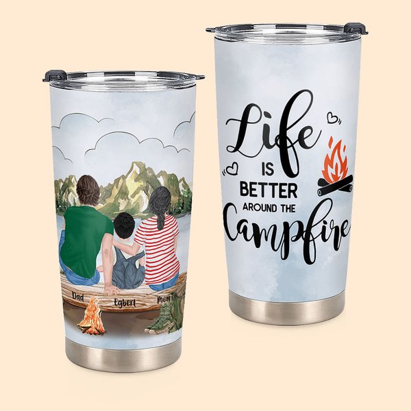 Vaso personalizado Family Life Is Better Around The Campfire 20oz Holiday para bebidas frías y calientes