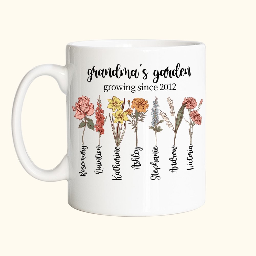 Mug Personnalisé avec Fleur de Naissance Tasse à Café Thème Jardin Cadeau Souvenir de Famille Fête pour  Maman Grand-Mère