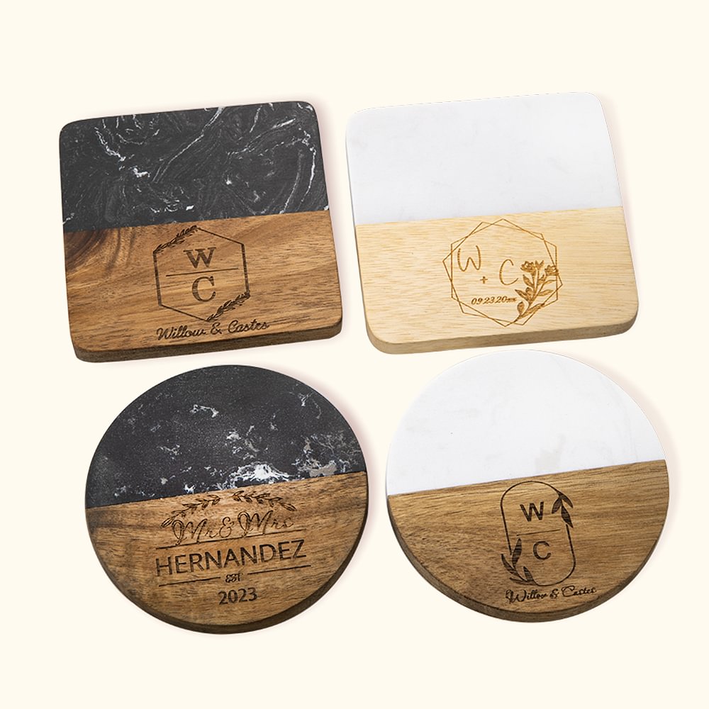 Sous-verre de mariage en marbre et bois gravé personnalisé pour couple Douche nuptiale Cadeau d'anniversaire de mariage à domicile