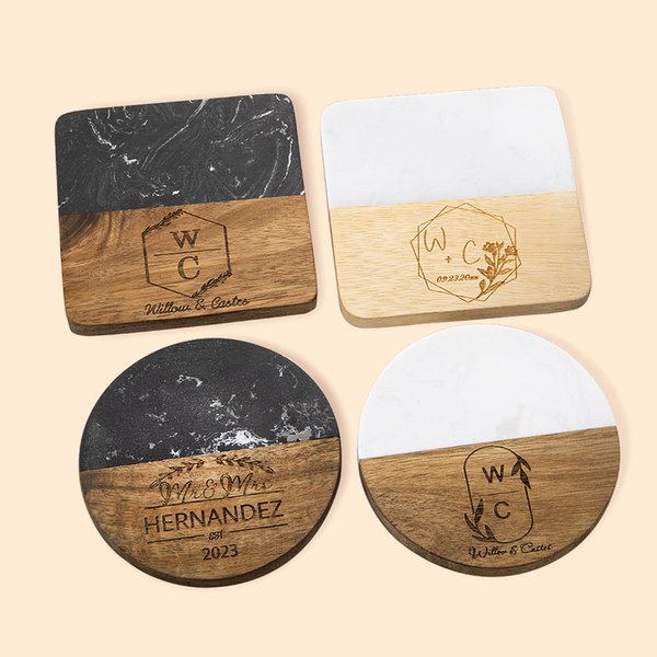 Sous-verre de mariage en marbre et bois gravé personnalisé pour couple Douche nuptiale Cadeau d'anniversaire de mariage à domicile