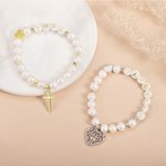 Personalizada 6mm Redondo Blanco Freshwater Shell Pearl Cruz Pulsera elástica para Joyería Religiosa Comunión Cristiana Confirmación Bautizo Regalo