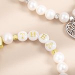 Personalizada 6mm Redondo Blanco Freshwater Shell Pearl Cruz Pulsera elástica para Joyería Religiosa Comunión Cristiana Confirmación Bautizo Regalo