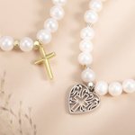 Personalizada 6mm Redondo Blanco Freshwater Shell Pearl Cruz Pulsera elástica para Joyería Religiosa Comunión Cristiana Confirmación Bautizo Regalo