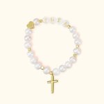 Personalizada 6mm Redondo Blanco Freshwater Shell Pearl Cruz Pulsera elástica para Joyería Religiosa Comunión Cristiana Confirmación Bautizo Regalo