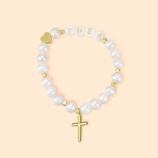 Personalizada 6mm Redondo Blanco Freshwater Shell Pearl Cruz Pulsera elástica para Joyería Religiosa Comunión Cristiana Confirmación Bautizo Regalo