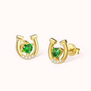 Personalised Horseshoe Stud Sterling Silver Earrings with Heart Birthstone and Zircon Lucky Jewellery Gift for Girl Women Horse Lovers