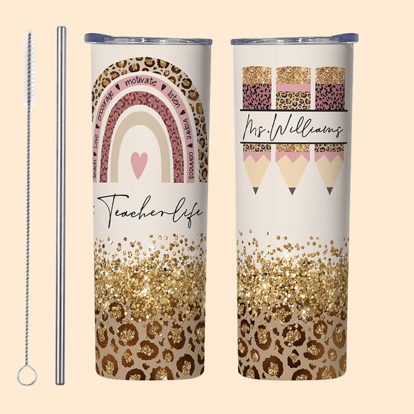 Henkilökohtainen Teacher Life Cheetah ja Rainbow Print 20oz Skinny Tumbler opettajan arvostus takaisin kouluun lahjaan