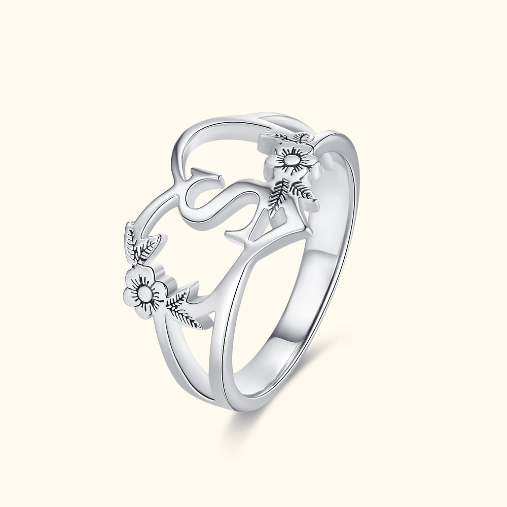 Bague en Argent Sterling Personnalisée avec Coeur Fleur et Initiale Cadeau d'Anniversaire Saint Valentin pour Femmes